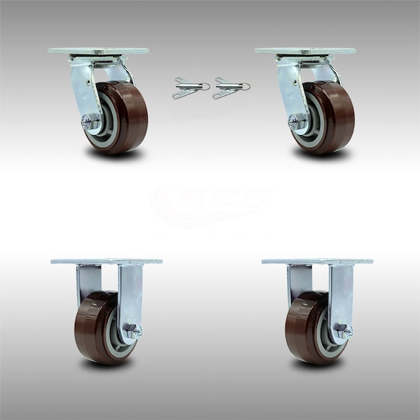 4 Inch SS Polyurethane Caster Set with Ball Bearings 2 Swivel Lock 2 Rigid SCC